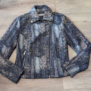 Bagatelle Collection Blue Snakeskin Moto Jacket Faux Suede Python Print XSmall